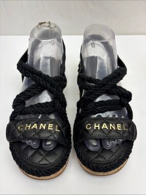 Made in Italy Black Quilted Rope Espadrille Sandals, SZ 8, box 18